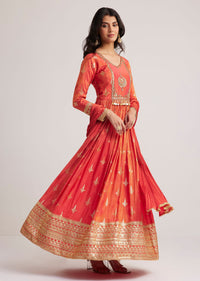 Rust Orange Tissue Anarkali Set With Gotta Work