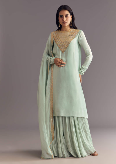 Satin Asymmetrical Kurta Set With Moti And Sequins Dupatta