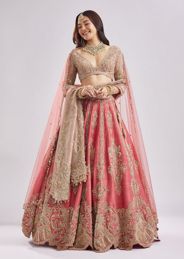 Scalloped Pink Lehenga With Dual Blouses