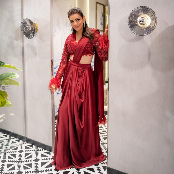 Kajal Aggarwal in Kalki Scarlet Fusion Red Pleated Saree