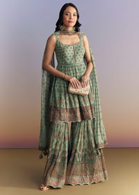 Sea Green Crepe Sharara Suit With Indie Print And Stone Work