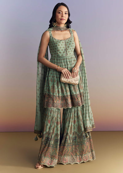Sea Green Crepe Sharara Suit With Indie Print And Stone Work