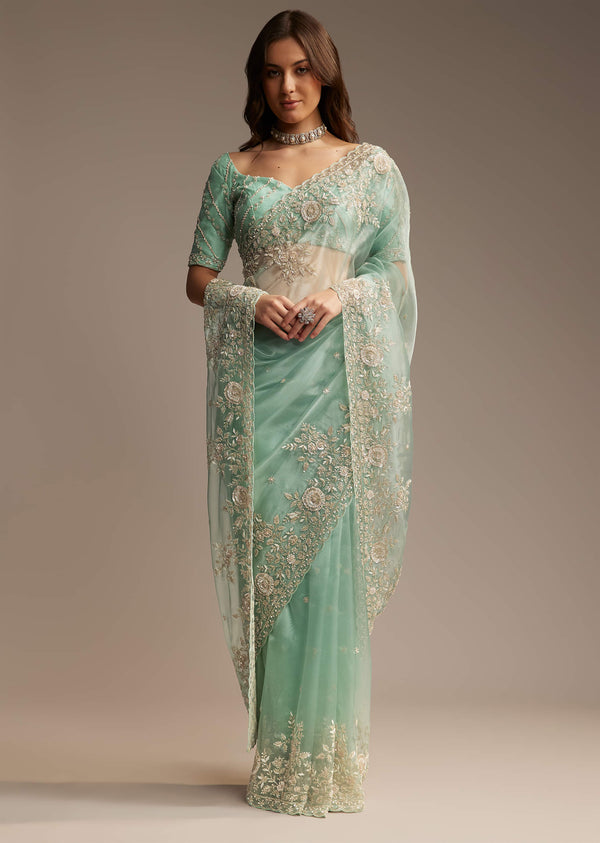 Sea Green Tissue Saree with Cutdana Embroidery