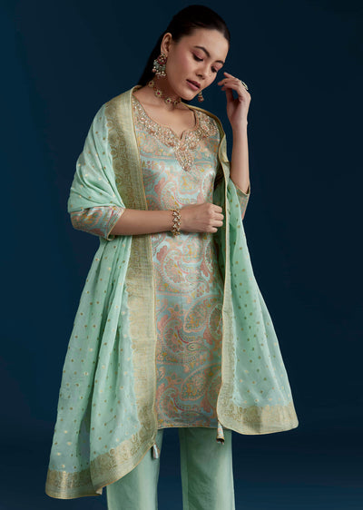 Sea Green Tissue Silk Kurta Set With Jacquard Weave