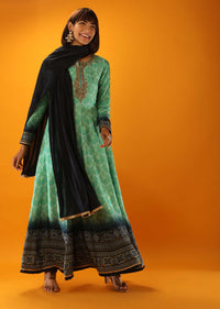 Sea Green And Midnight Blue Ombre Anarkali Suit In Cotton Silk With Bandhani Design And Gotta Patti Embroidered Placket