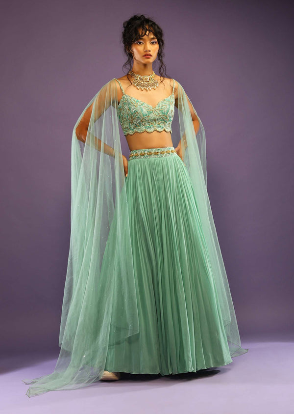 Sea Green Skirt And Crop Top Set With Shaded Green Bead Work And Attached Drape On The Back