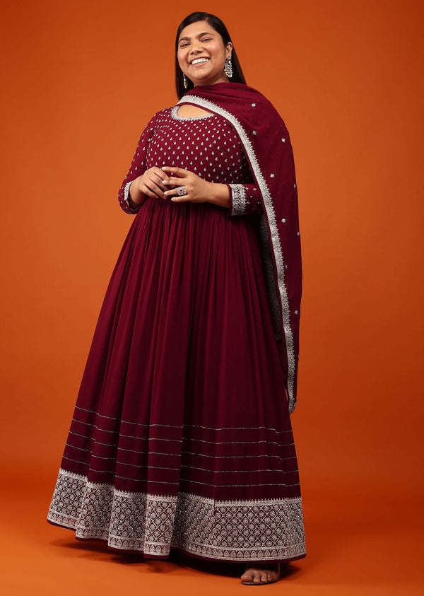 Wine Red Anarkali Suit In Georgette With Alluring Embroidery In Zari And Stone
