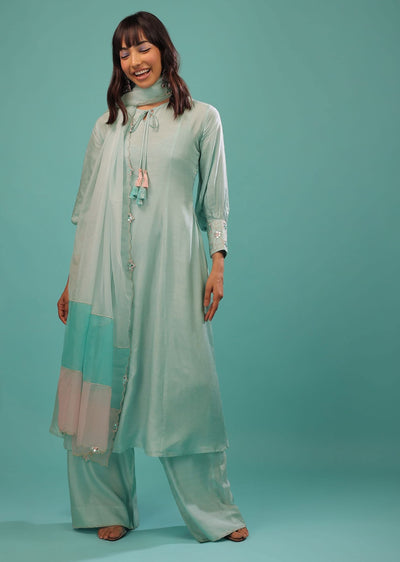 Powder Blue Silk A Line Palazzo Suit With Mirror Work