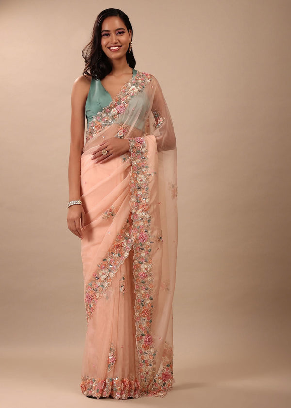 Peach Pink Saree In Organza With 3D Floral Embroidery In Cut Dana