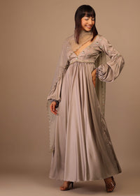 Taupe Brown Satin Anarkali With Hand Embroidered Cutdana Work And Bishop Sleeves