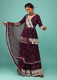 Mulberry Purple Sharara Suit In Cotton With Angarakha Peplum Top & Lucknowi Embroidery