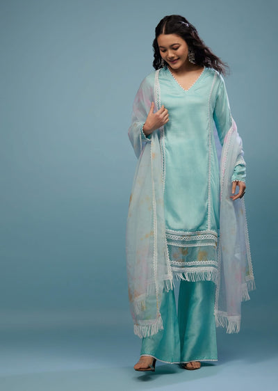 Powder Blue Palazzo Suit Set In Viscose Silk
