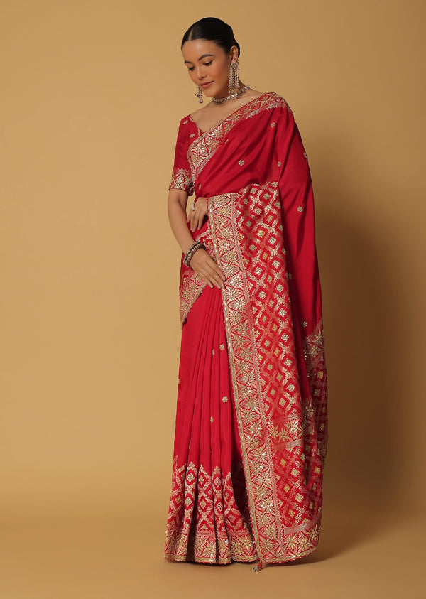 Red Banarasi Bandhani Weave Saree With Unstitched Blouse Fabric