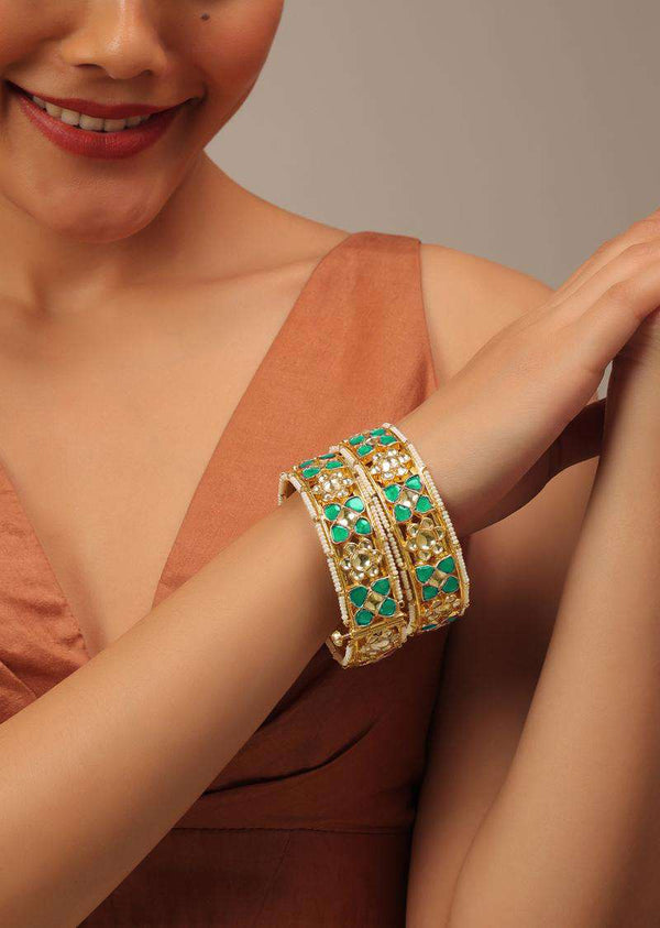 Gold Fineshed Kundan Polki Bangles In Ruby Red And WhiteTone