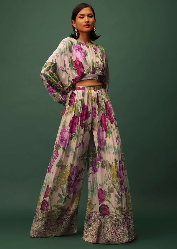 Cream White Floral Printed Top And Palazzo Set In Chinon With Sequins Work