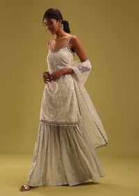 Ivory White Lucknowi Embroidered Net Kurti And Georgette Sharara Set