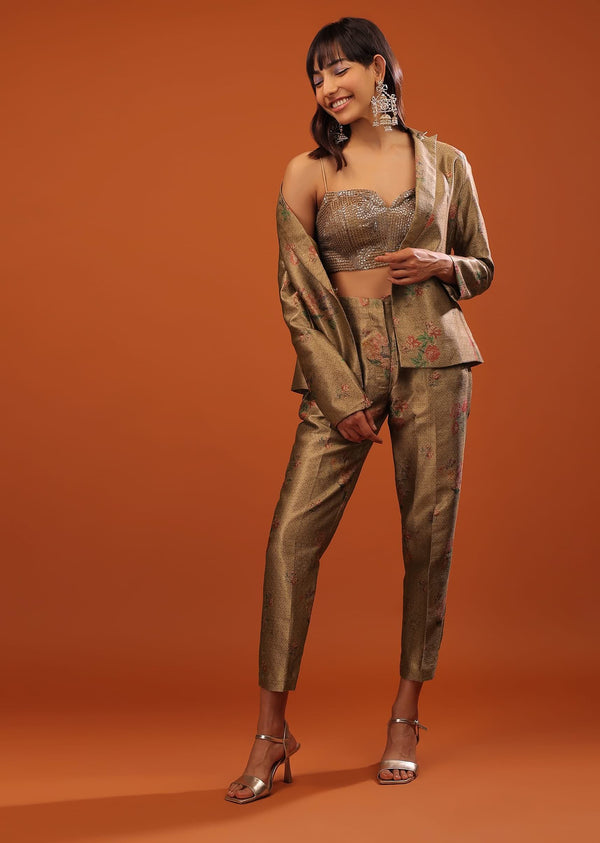 Champaigne Beige Three-Piece Western Suit In Banarasi Brocade Silk With Cut-Dana Finished Crop Top