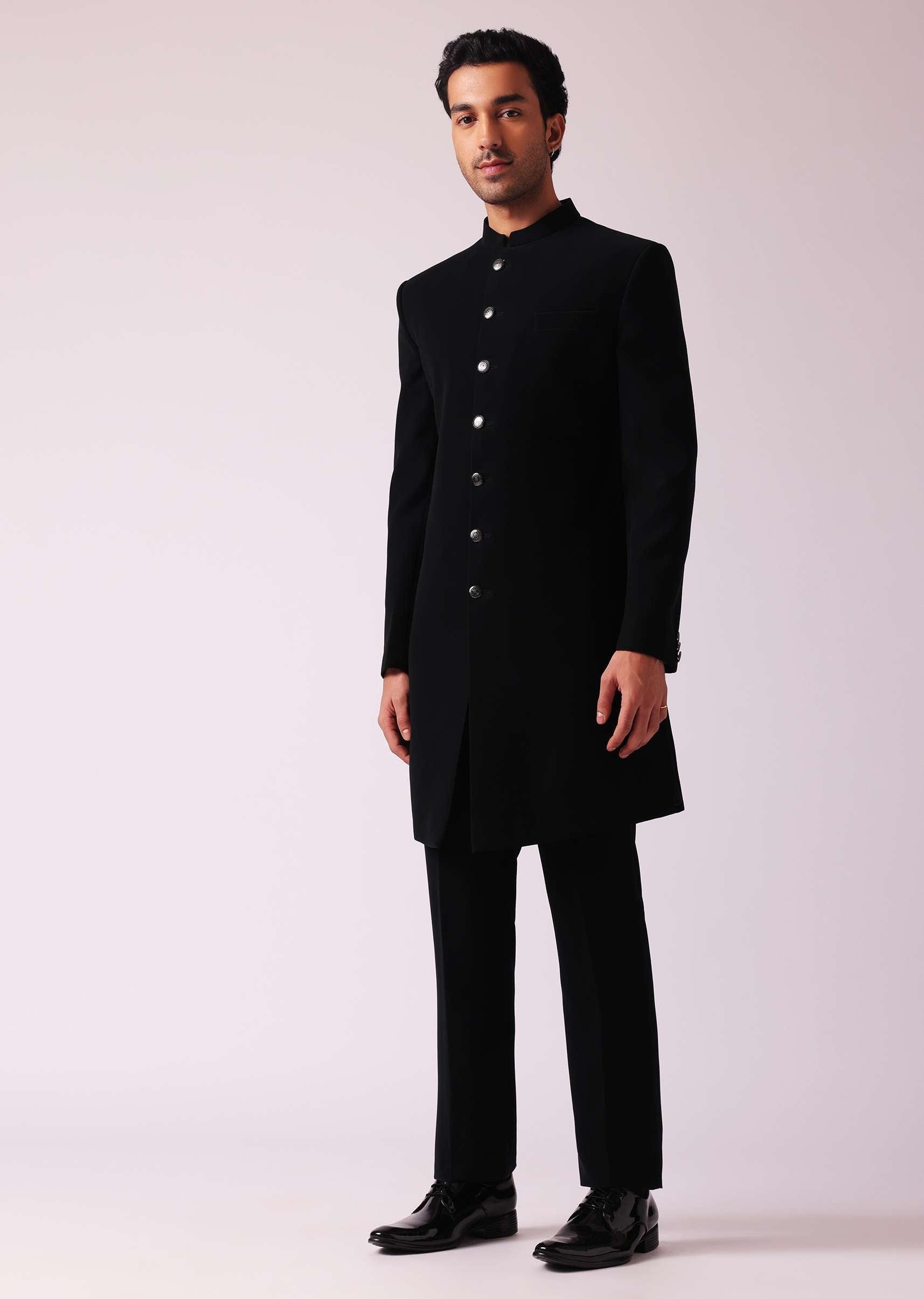 Black Embellished Indowestern In Suiting Fabric