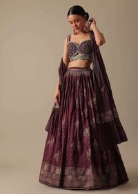 Wine Lehenga Set In Silk With Mirror Work