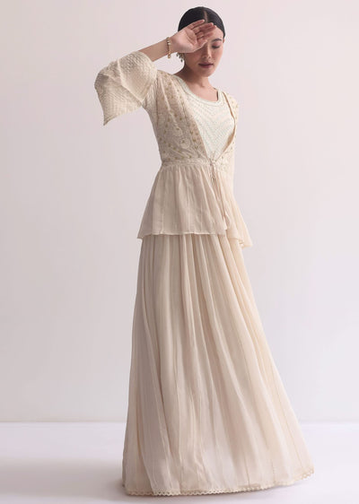 Off White Indo Fusion Lucknowi Anarkali With Jacket