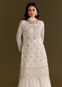 White Chinon Cutdana Kurta Sharara With Moti Work Dupatta