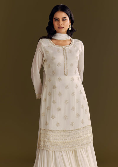 White Chinon Cutdana Kurta Sharara With Moti Work Dupatta