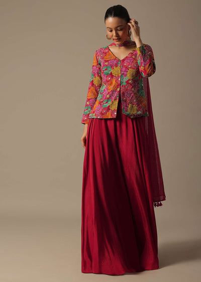 Red Indo Fusion Palazzo Set With Printed Detail