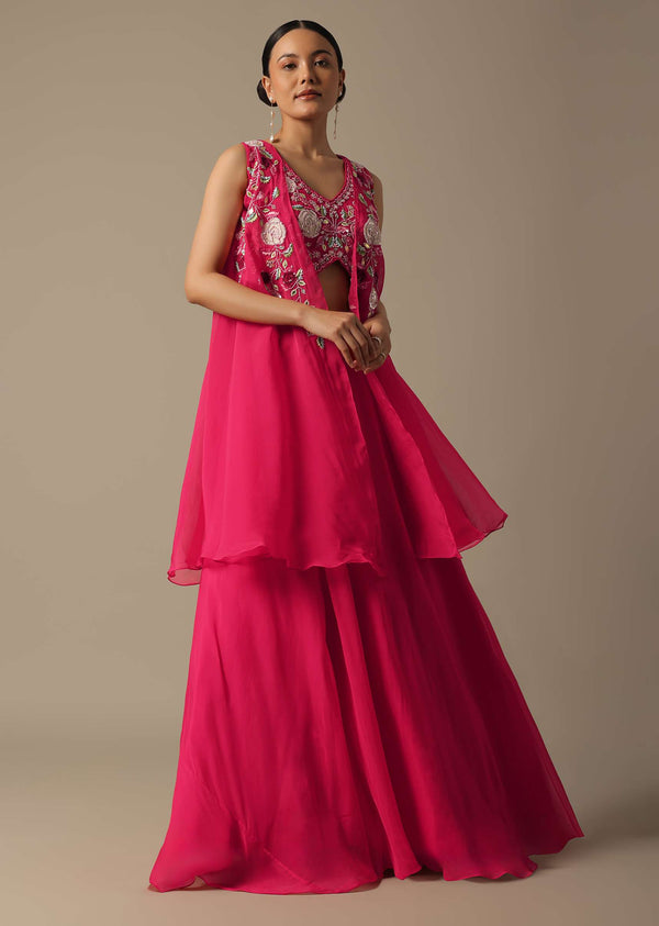 Pink Organza Embroidered Crop Top With Jacket And Skirt Set