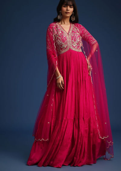 Pink Chinon Zardozi Work Anarkali With Net Dupatta