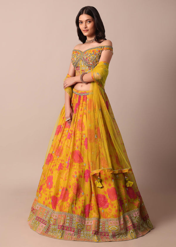 Mustard Yellow Printed Lehenga With Embroidered Choli And Dupatta