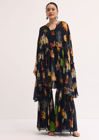 Black Printed Georgette Crop Top And Sharara Set