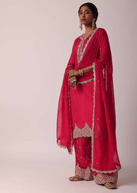 Red Silk Embroidered Palazzo Set With Kurta