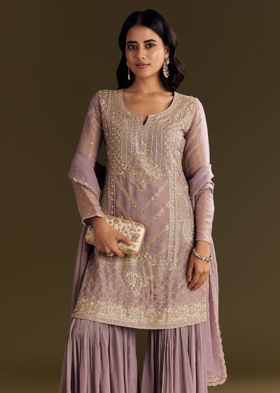 Lavender Tissue Zardosi Embroidered Kurta Set With Organza Dupatta