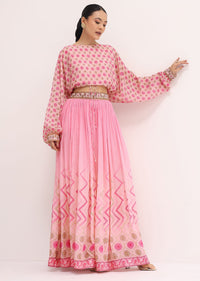 Baby Pink Printed Chiffon Crop Top And Skirt