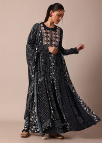 Elegant Black Printed Embroidery Anarkali Pant Set With Dupatta
