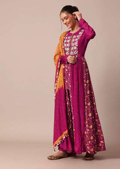 Magenta Pink Printed Embroidery Anarkali Pant Set With Dupatta