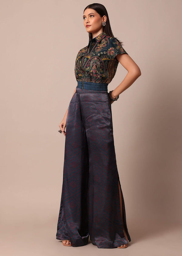 Blue Printed Festive Crop Top With Embroidered Jacket And Palazzo Set