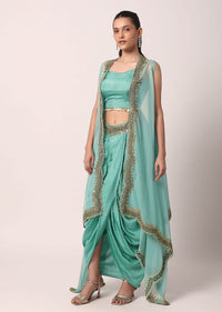 Blue Silk Dhoti Set With Organza Jacket