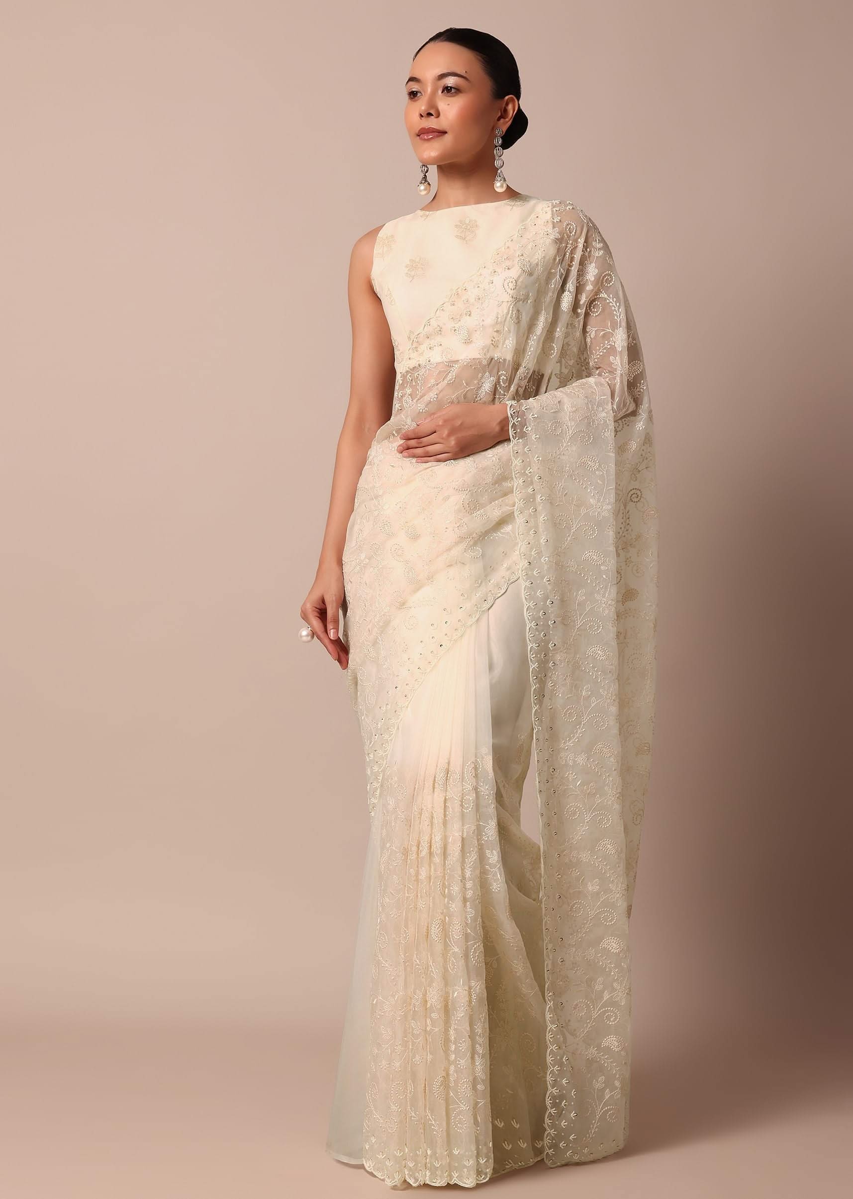 White Chikankari Saree In Organza Silk With Beaded Scallop Detail And Unstitched Blouse Fabric