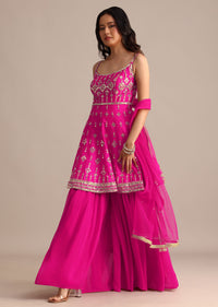 Pink Silk Embroidered Kurta Sharara With Dupatta