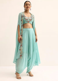 Blue Embellished Crop Top And Dhoti Set