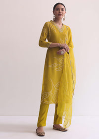 Yellow Printed Kurti Pant Set With Zari Embroidery