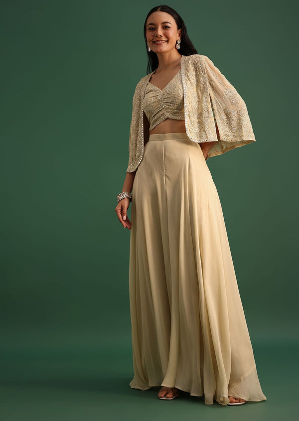 Beige Georgette Crop Top And Palazzo Set With Resham Work
