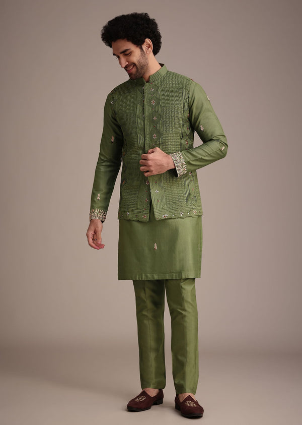 Olive Green Mirror Embroidered Kurta Jacket Set