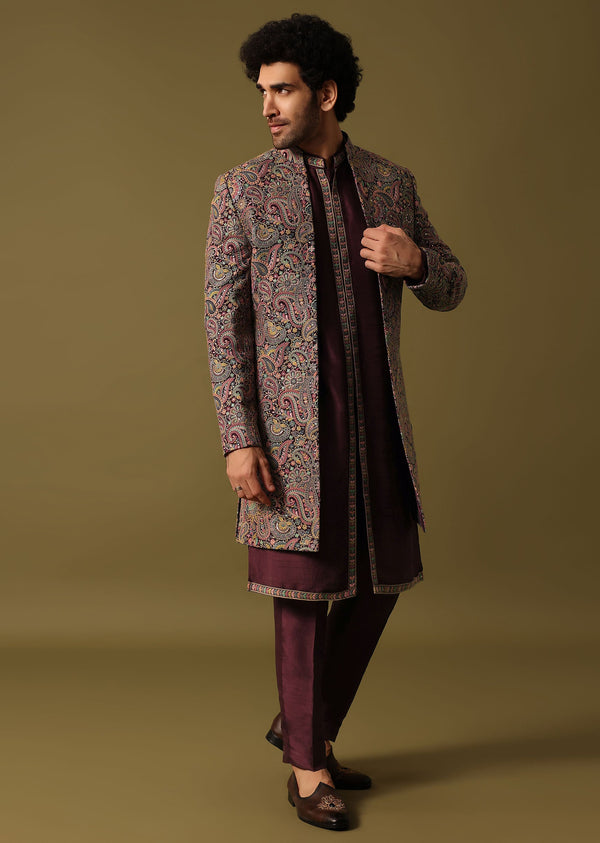 Wine Organza Indowestern Set With Resham Work For Men