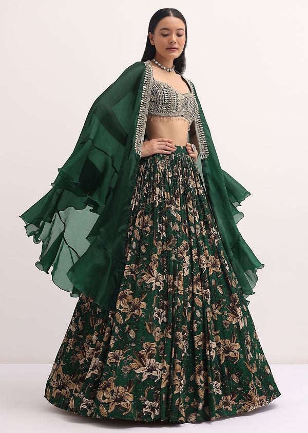 Bottle Green Printed Lehenga With Embroidered Choli Set