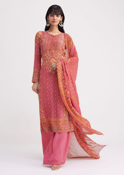 Pink Printed Crepe Palazzo Suit With Georgette Dupatta