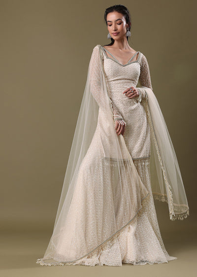 White Kurta Sharara Set In Sequins