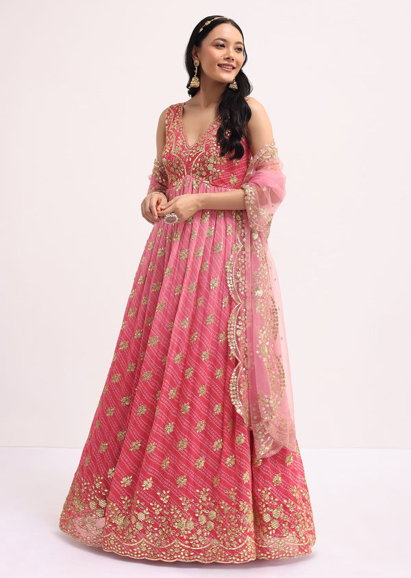 Pink Ombre Georgette Bandhani Printed Anarkali Set With Gotta Pati