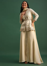 Beige Tissue Kurta Palazzo Set With Sequin And Resham Work